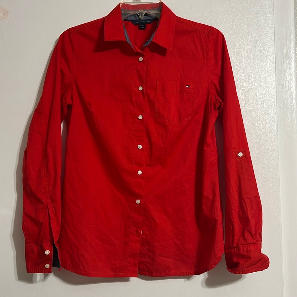 Tommy Hilfiger S/P Classic Fit Button Down Shirt Red with Rollup Sleeve Straps